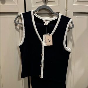 Navy Blue Sleeveless Cardigan with White Trim & Pant Set